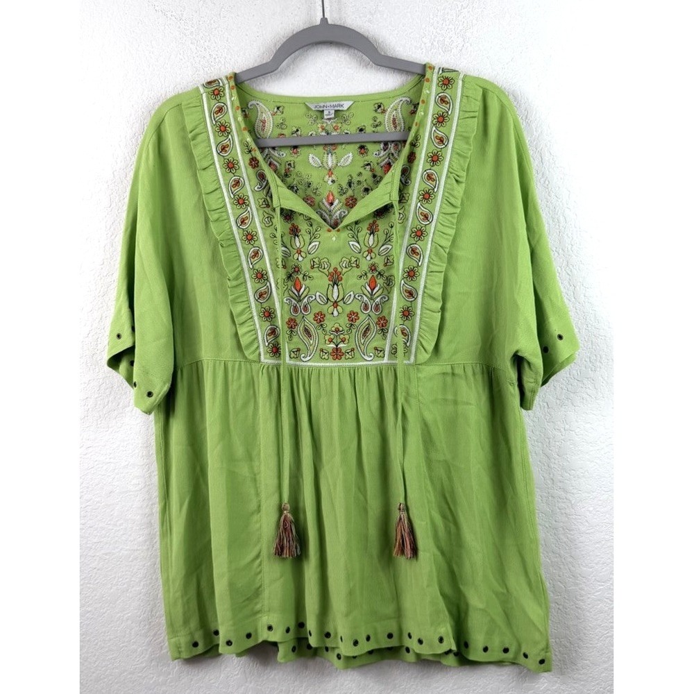 John Mark Embroidered Boho Tunic Blouse Women's S Green Paisley Floral Peasant